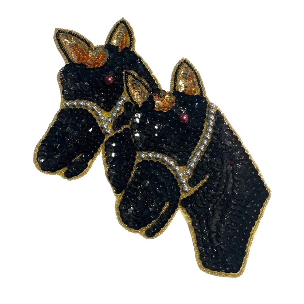 Black and Gold Sequin Horse Patch Vintage Two Black Horses